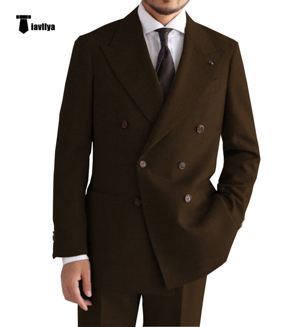 Tiavllya Vintage Classical Men's 2 Piece Suit Herringbone Tweed Peak Lapel Tuxedos (Blazer+Pants)