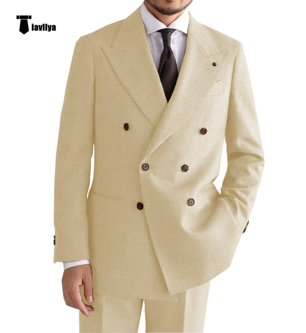 Tiavllya Vintage Classical Men's 2 Piece Suit Herringbone Tweed Peak Lapel Tuxedos (Blazer+Pants)