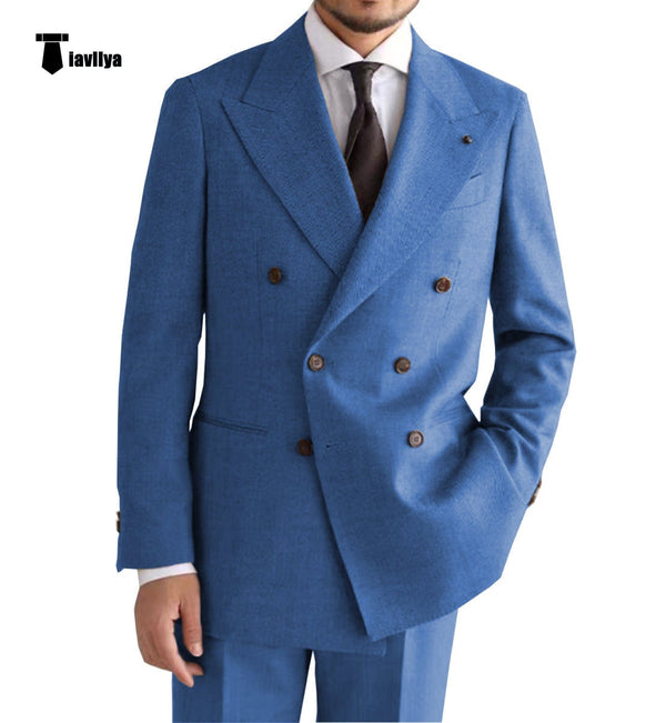 Tiavllya Vintage Classical Men's 2 Piece Suit Herringbone Tweed Peak Lapel Tuxedos (Blazer+Pants)