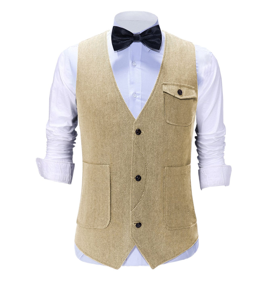 Tiavllya Vintage Classical Mens Regular Fit Tweed Herringbone V Neck Suit Vest