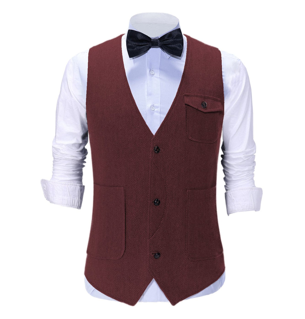 Tiavllya Vintage Classical Mens Regular Fit Tweed Herringbone V Neck Suit Vest