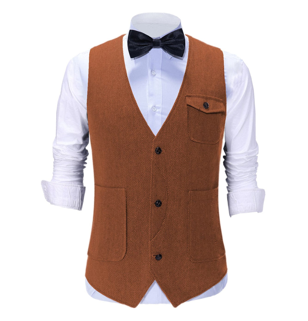Tiavllya Vintage Classical Mens Regular Fit Tweed Herringbone V Neck Suit Vest